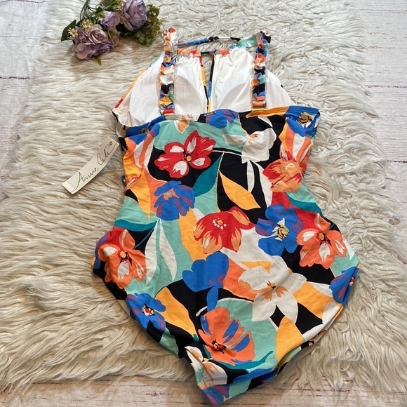 NWT Anne Cole High Neck Keyhole Floral One Piece Swimsuit sz 14 - Picture 13 of 14